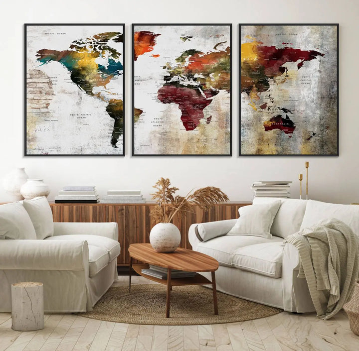 The Wall Art Dark World Map on Light Background Canvas Print adorns a modern kitchen wall.