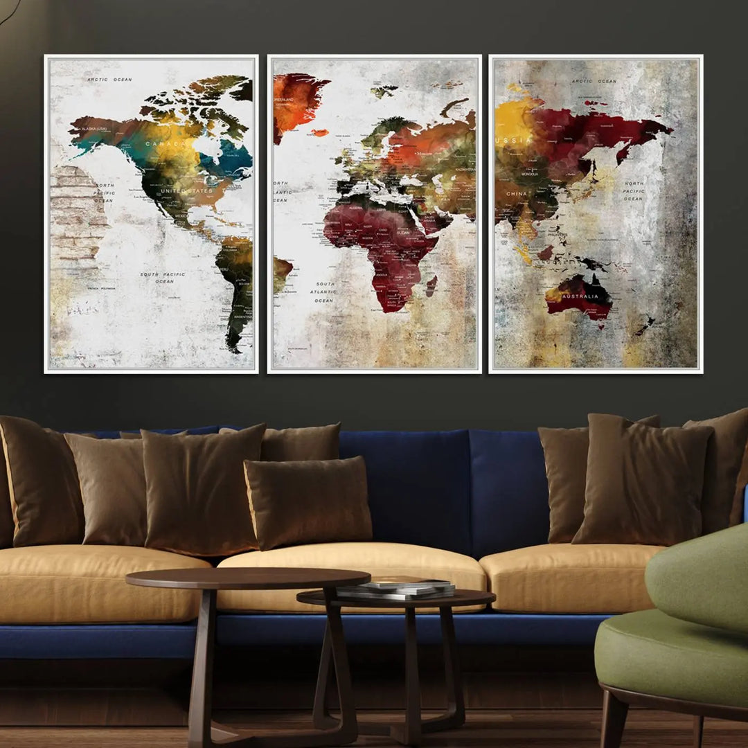 The Wall Art Dark World Map on Light Background Canvas Print adorns a modern kitchen wall.