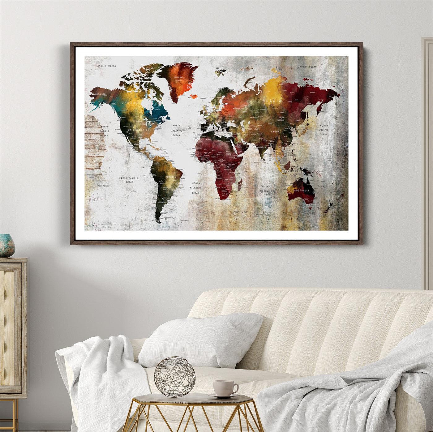 37237-MGC-FP-36x24_Walnut-Rustic World Map Canvas Print – Framed Push Pin Wall Art for Couples, Vintage Colorful Travel Map Artwork for Stylish Home and Office Decor