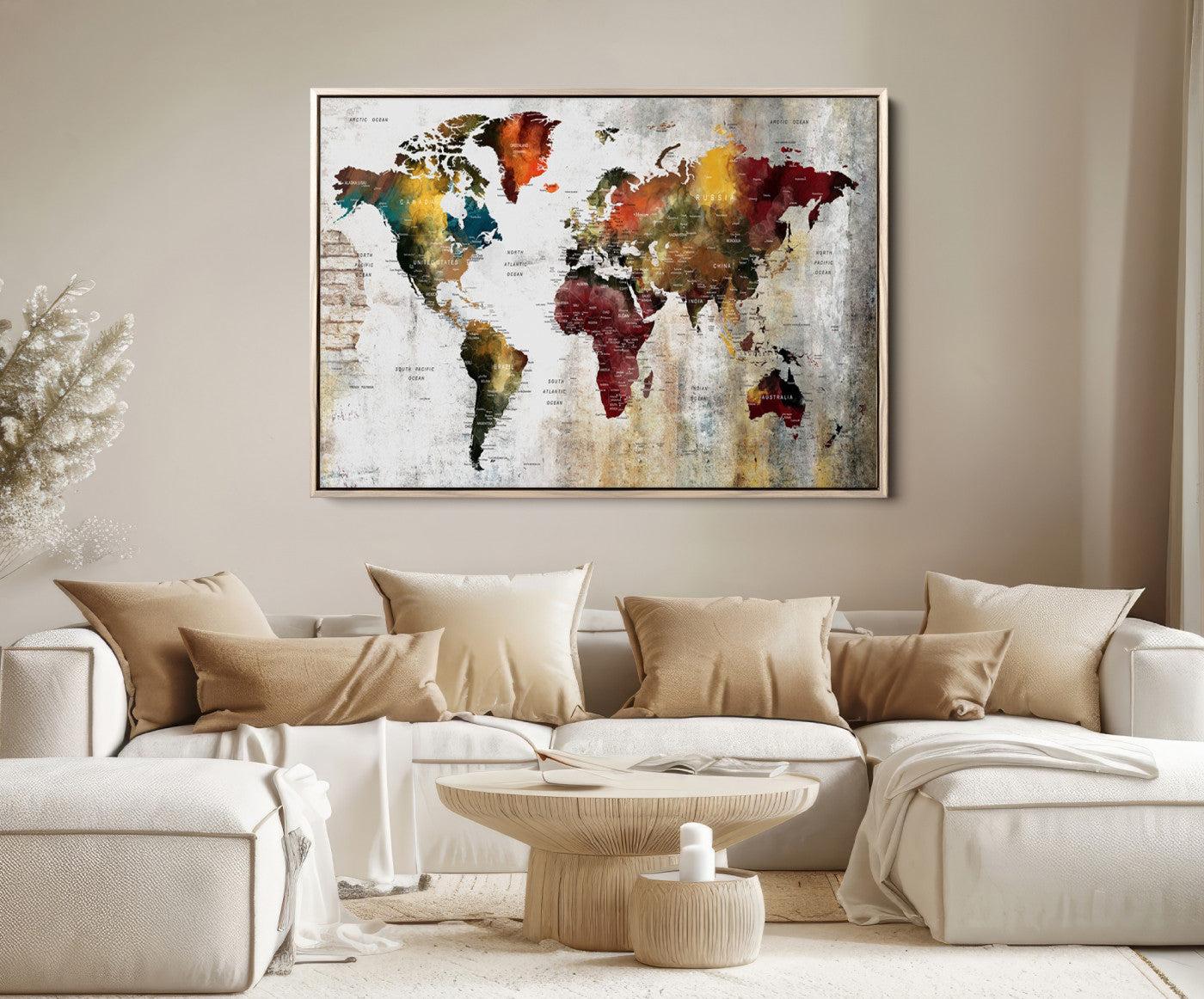 37237-MGV-CV-36X24-Rustic World Map Canvas Print – Framed Push Pin Wall Art for Couples, Vintage Colorful Travel Map Artwork for Stylish Home and Office Decor