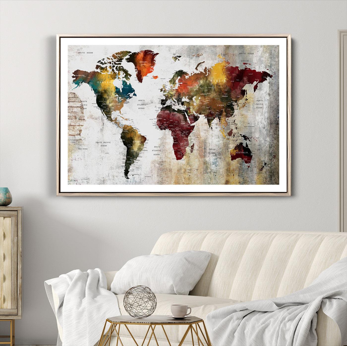 37237-MGV-CV-36X24-Rustic World Map Canvas Print – Framed Push Pin Wall Art for Couples, Vintage Colorful Travel Map Artwork for Stylish Home and Office Decor