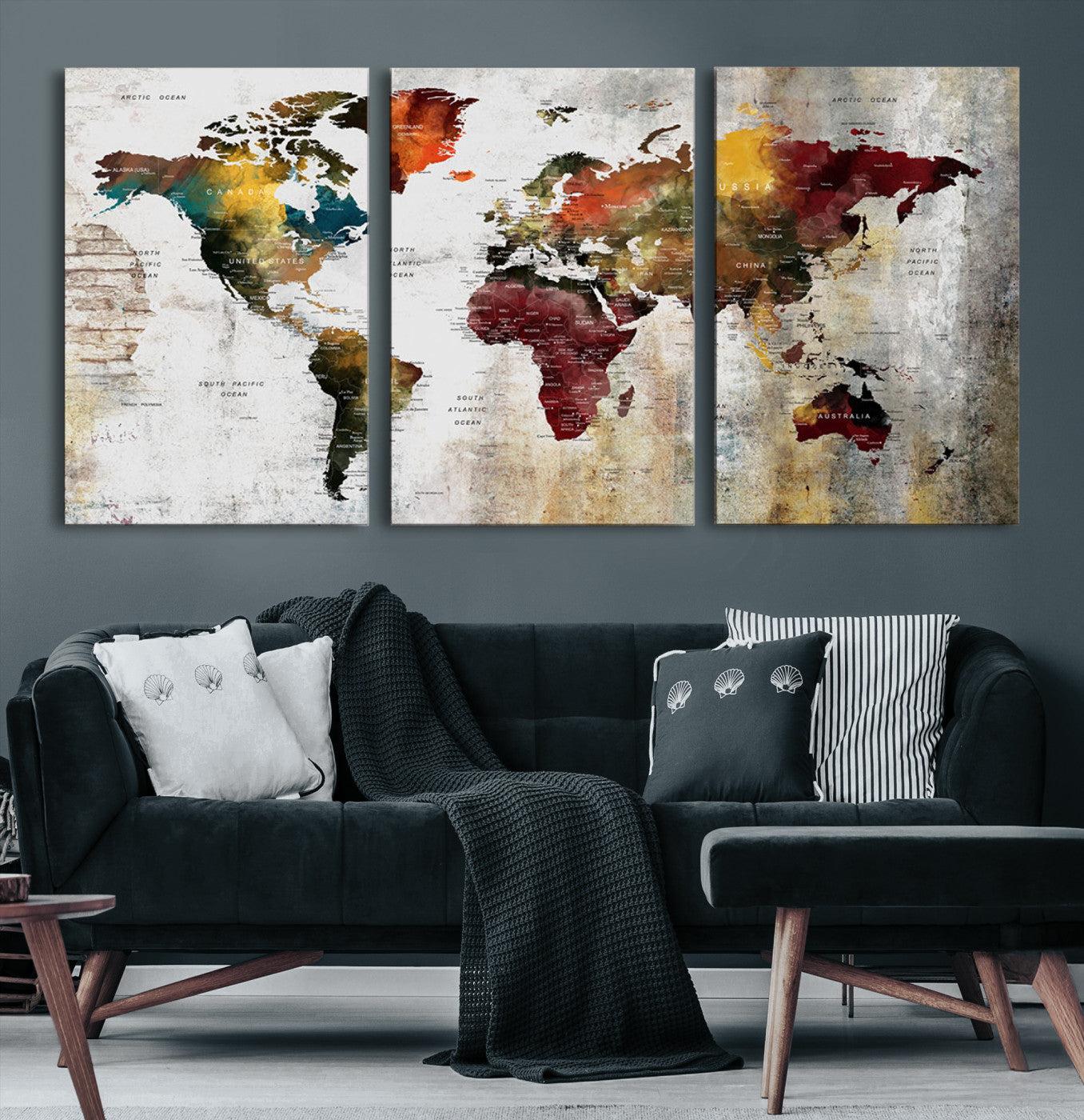 37237-MGV-CV-36X24-Rustic World Map Canvas Print – Framed Push Pin Wall Art for Couples, Vintage Colorful Travel Map Artwork for Stylish Home and Office Decor