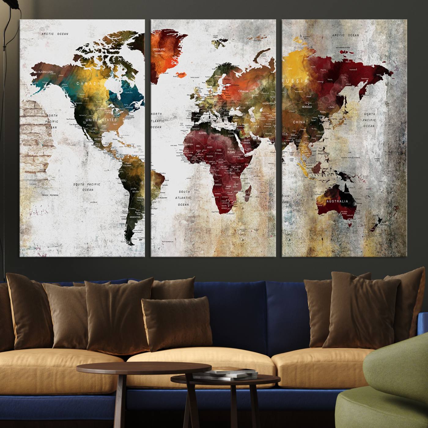 37237-MGV-CV-36X24-Rustic World Map Canvas Print – Framed Push Pin Wall Art for Couples, Vintage Colorful Travel Map Artwork for Stylish Home and Office Decor