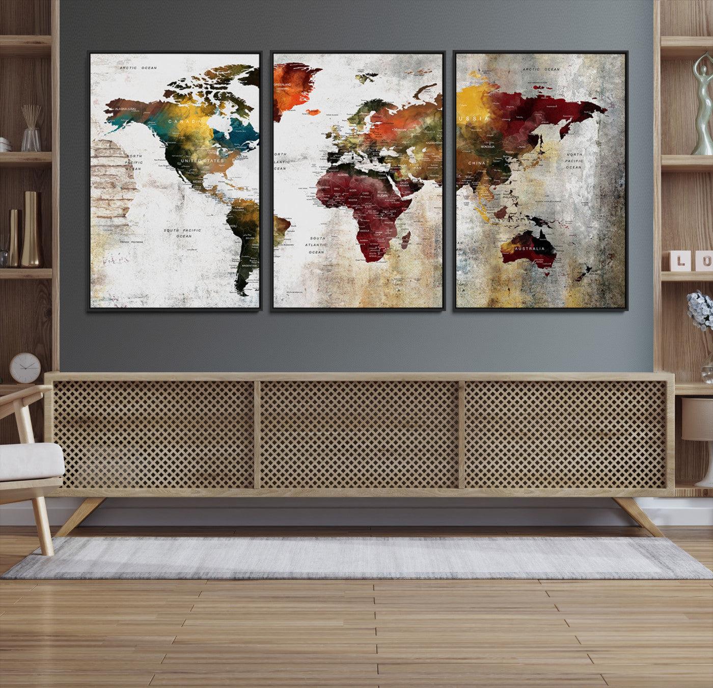 37237-MGV-CV-36X24-Rustic World Map Canvas Print – Framed Push Pin Wall Art for Couples, Vintage Colorful Travel Map Artwork for Stylish Home and Office Decor