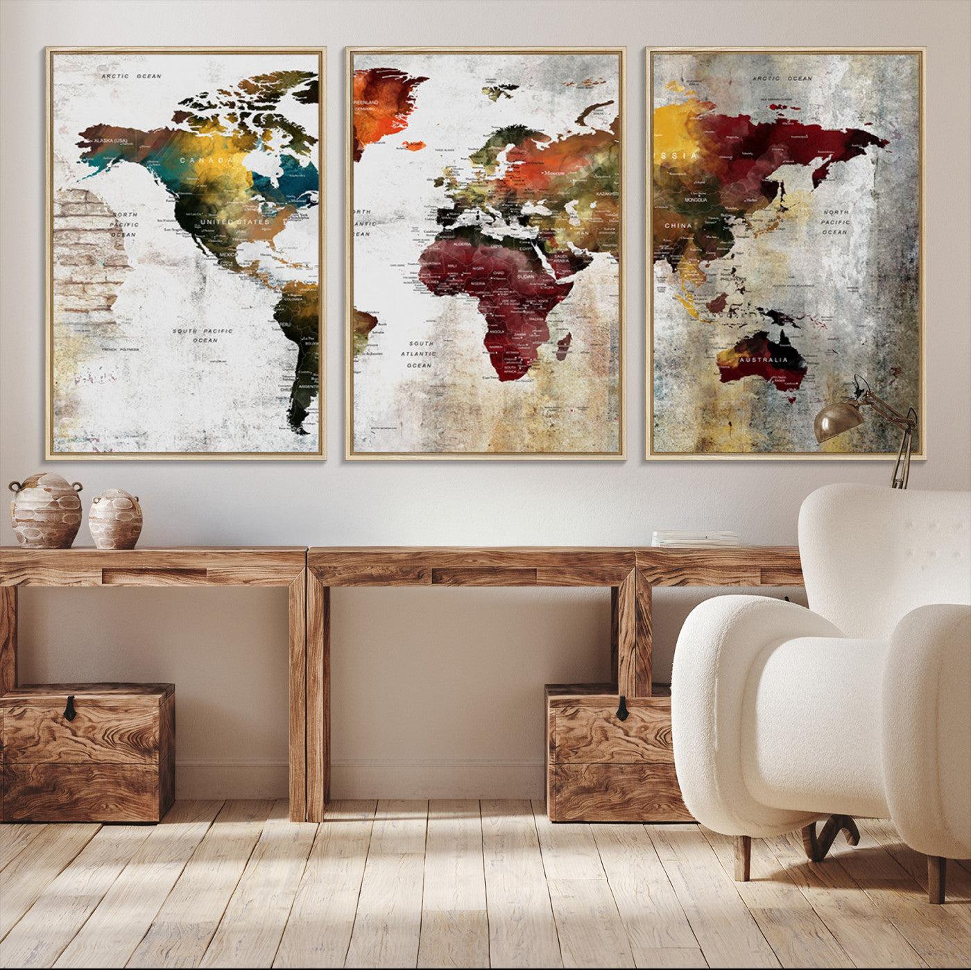 37237-MGV-CV-36X24-Rustic World Map Canvas Print – Framed Push Pin Wall Art for Couples, Vintage Colorful Travel Map Artwork for Stylish Home and Office Decor