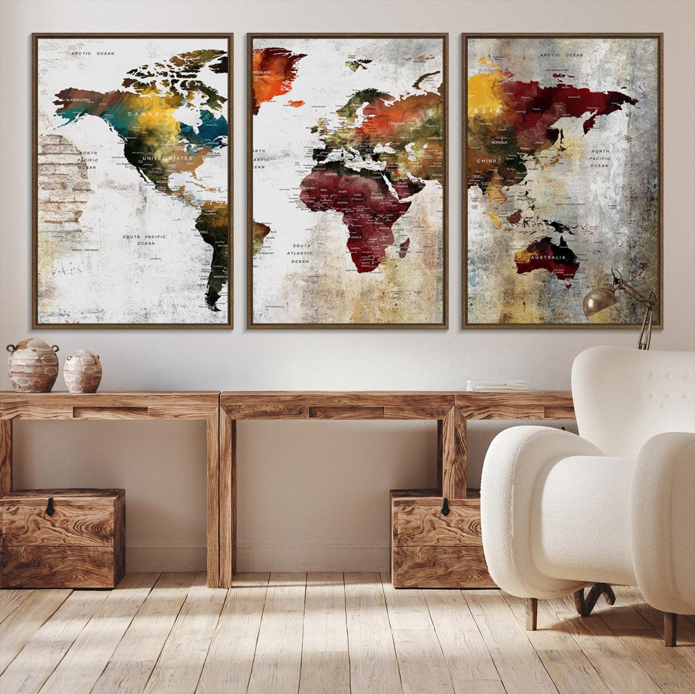 37237-MGV-CV-36X24-Rustic World Map Canvas Print – Framed Push Pin Wall Art for Couples, Vintage Colorful Travel Map Artwork for Stylish Home and Office Decor