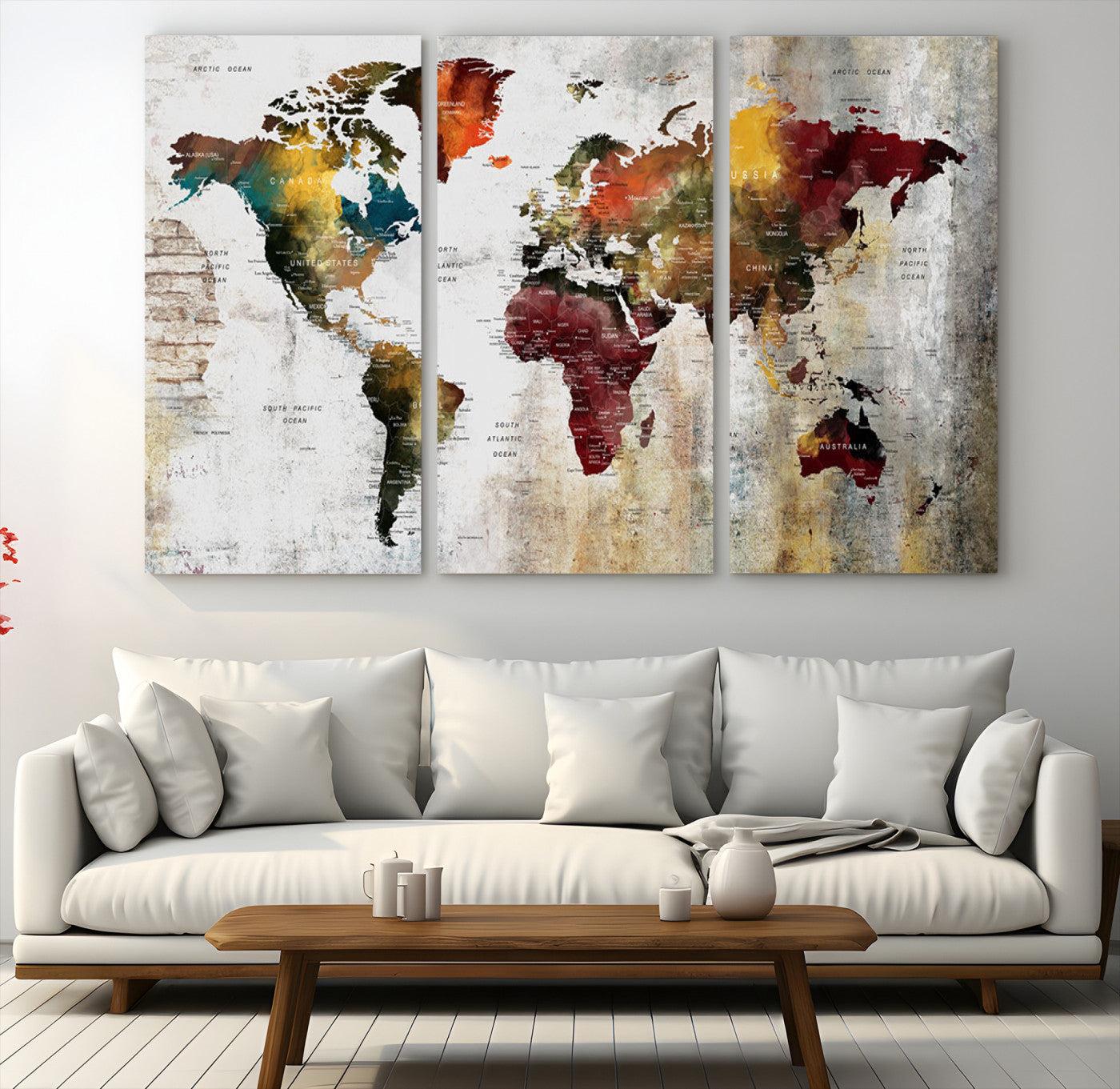 37237-MGV-CV-60X40-3P-Rustic World Map Canvas Print – Framed Push Pin Wall Art for Couples, Vintage Colorful Travel Map Artwork for Stylish Home and Office Decor