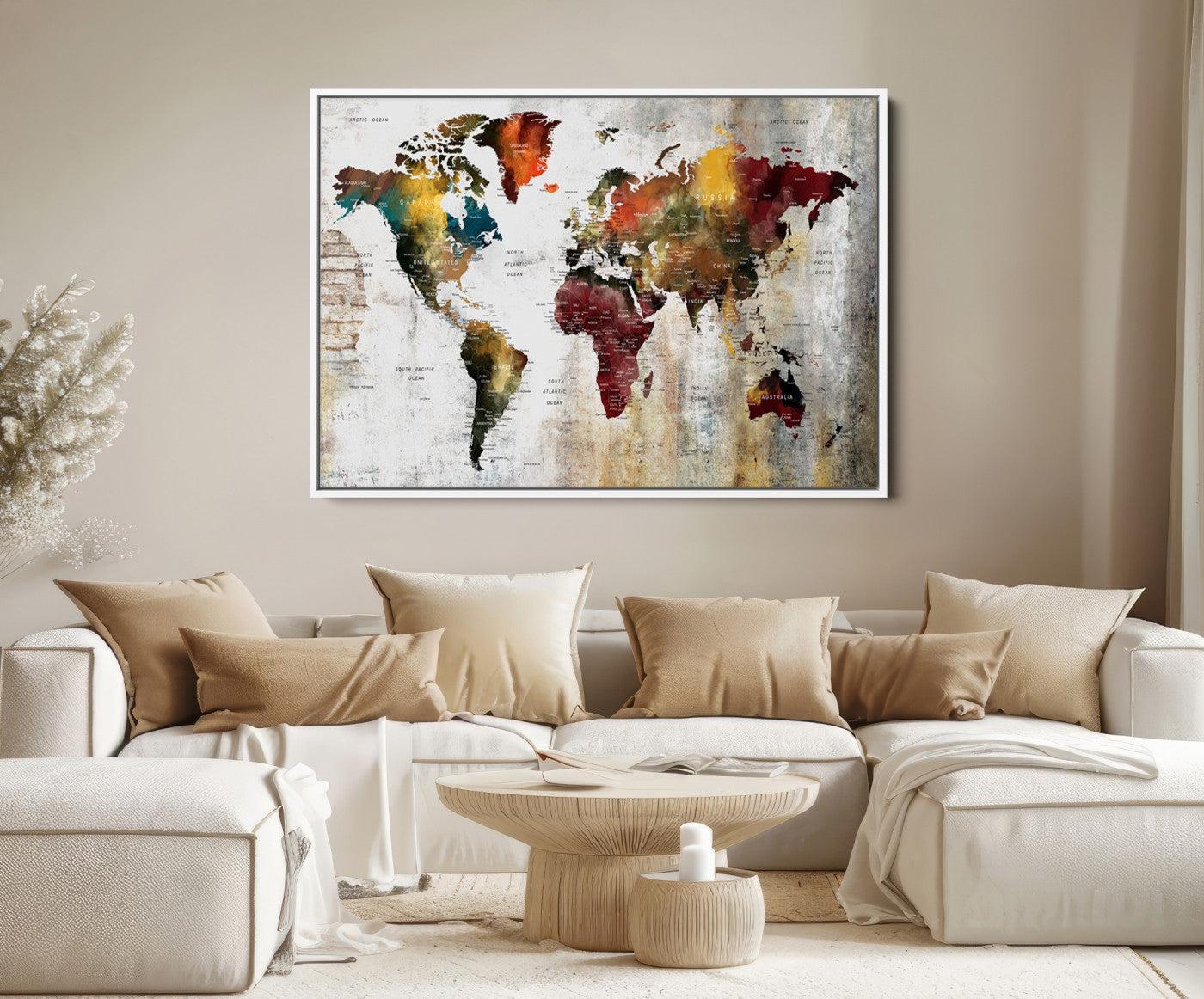 37237-MGV-FC-36X24_White-Rustic World Map Canvas Print – Framed Push Pin Wall Art for Couples, Vintage Colorful Travel Map Artwork for Stylish Home and Office Decor