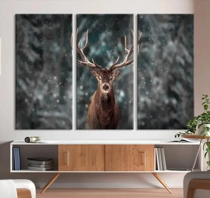 The Wall Art Deer Art Animal Canvas Print, a triptych piece featuring a deer in a snowy forest, is printed on museum-quality canvas with UV-protective coating and comes ready to hang.