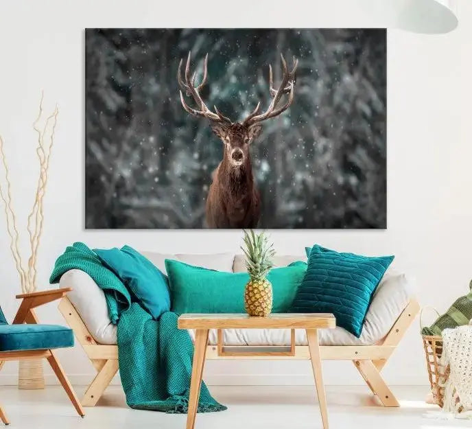 The Wall Art Deer Art Animal Canvas Print, a triptych piece featuring a deer in a snowy forest, is printed on museum-quality canvas with UV-protective coating and comes ready to hang.