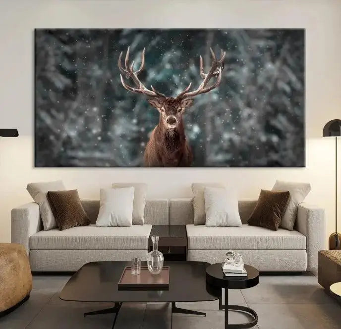 The Wall Art Deer Art Animal Canvas Print, a triptych piece featuring a deer in a snowy forest, is printed on museum-quality canvas with UV-protective coating and comes ready to hang.