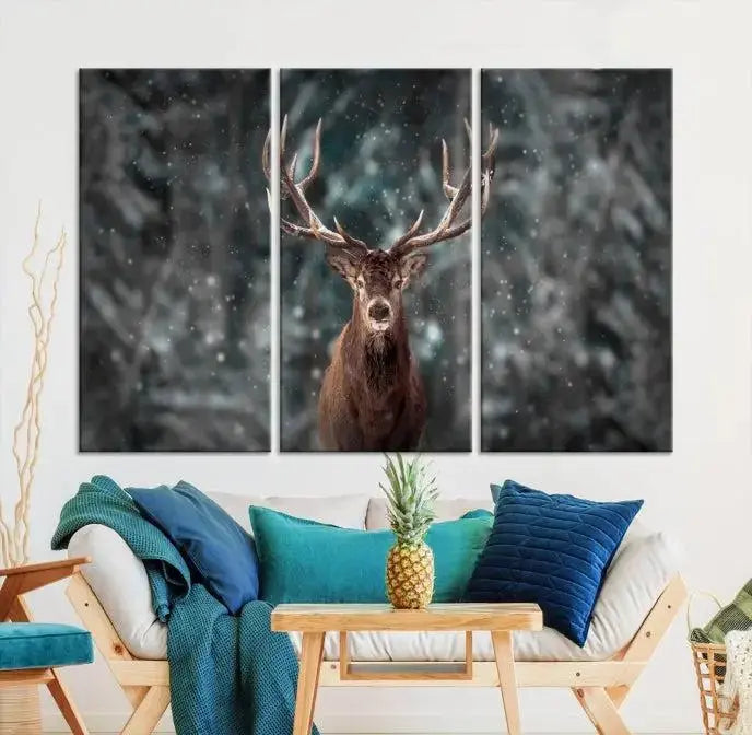 The Wall Art Deer Art Animal Canvas Print, a triptych piece featuring a deer in a snowy forest, is printed on museum-quality canvas with UV-protective coating and comes ready to hang.