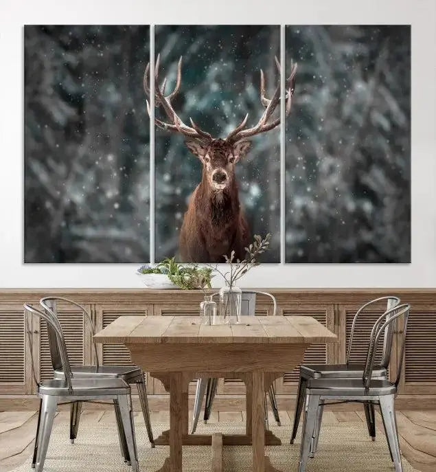 The Wall Art Deer Art Animal Canvas Print, a triptych piece featuring a deer in a snowy forest, is printed on museum-quality canvas with UV-protective coating and comes ready to hang.