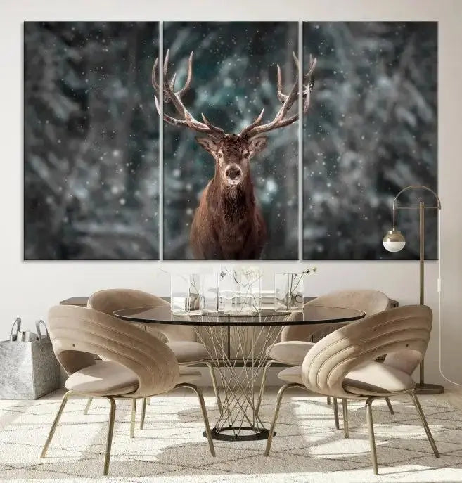 The Wall Art Deer Art Animal Canvas Print, a triptych piece featuring a deer in a snowy forest, is printed on museum-quality canvas with UV-protective coating and comes ready to hang.