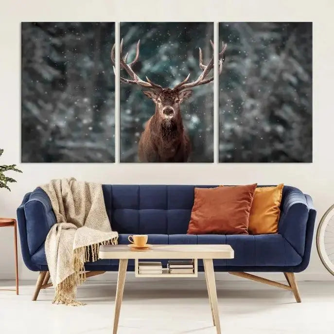 The Wall Art Deer Art Animal Canvas Print, a triptych piece featuring a deer in a snowy forest, is printed on museum-quality canvas with UV-protective coating and comes ready to hang.