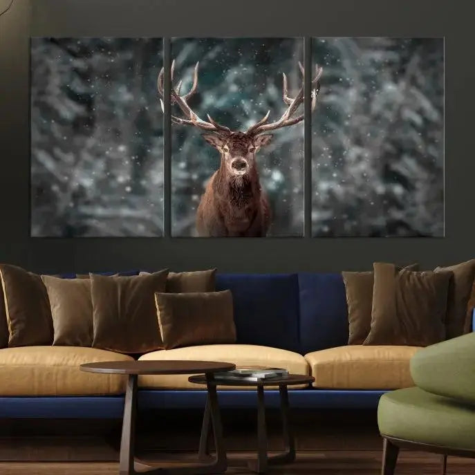 The Wall Art Deer Art Animal Canvas Print, a triptych piece featuring a deer in a snowy forest, is printed on museum-quality canvas with UV-protective coating and comes ready to hang.