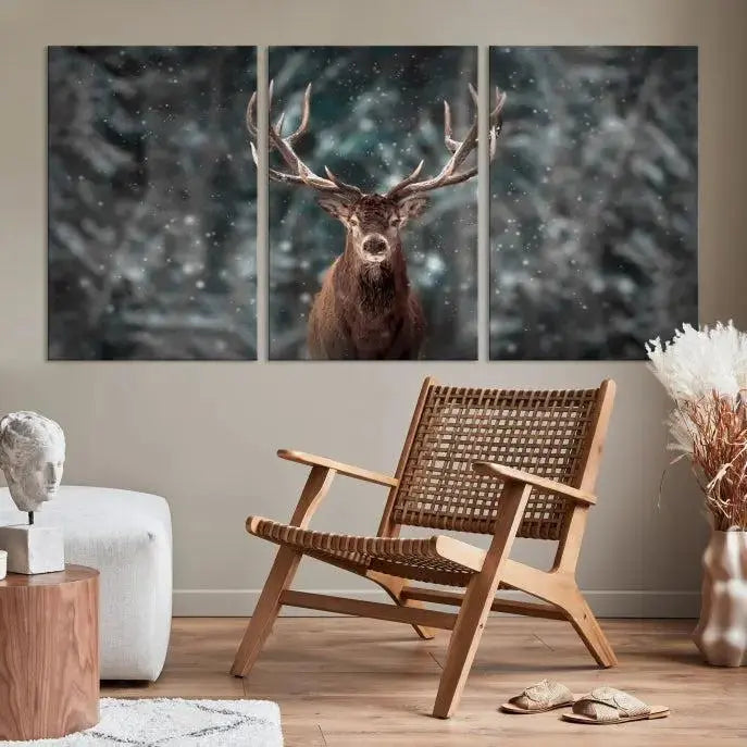 The Wall Art Deer Art Animal Canvas Print, a triptych piece featuring a deer in a snowy forest, is printed on museum-quality canvas with UV-protective coating and comes ready to hang.