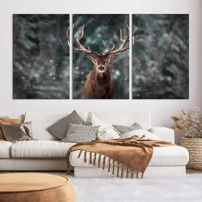 The Wall Art Deer Art Animal Canvas Print, a triptych piece featuring a deer in a snowy forest, is printed on museum-quality canvas with UV-protective coating and comes ready to hang.