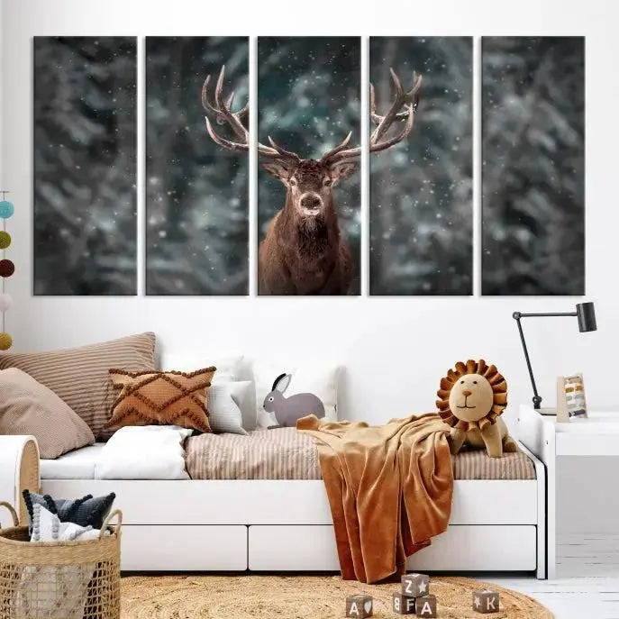 The Wall Art Deer Art Animal Canvas Print, a triptych piece featuring a deer in a snowy forest, is printed on museum-quality canvas with UV-protective coating and comes ready to hang.