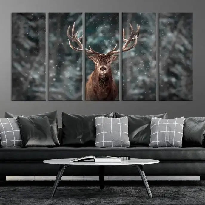 The Wall Art Deer Art Animal Canvas Print, a triptych piece featuring a deer in a snowy forest, is printed on museum-quality canvas with UV-protective coating and comes ready to hang.