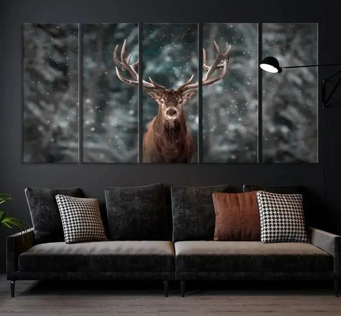 The Wall Art Deer Art Animal Canvas Print, a triptych piece featuring a deer in a snowy forest, is printed on museum-quality canvas with UV-protective coating and comes ready to hang.