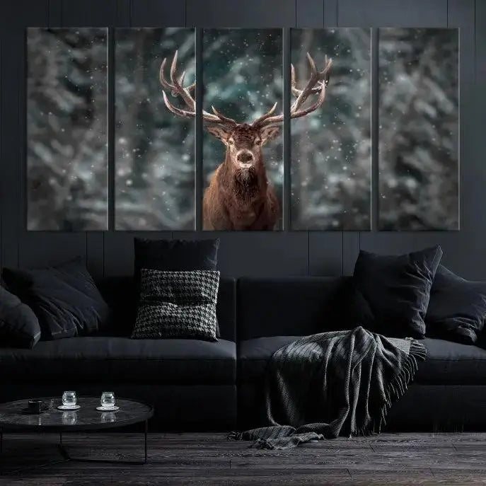 The Wall Art Deer Art Animal Canvas Print, a triptych piece featuring a deer in a snowy forest, is printed on museum-quality canvas with UV-protective coating and comes ready to hang.