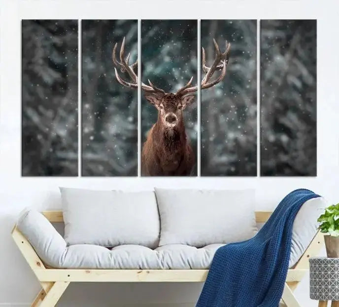 The Wall Art Deer Art Animal Canvas Print, a triptych piece featuring a deer in a snowy forest, is printed on museum-quality canvas with UV-protective coating and comes ready to hang.