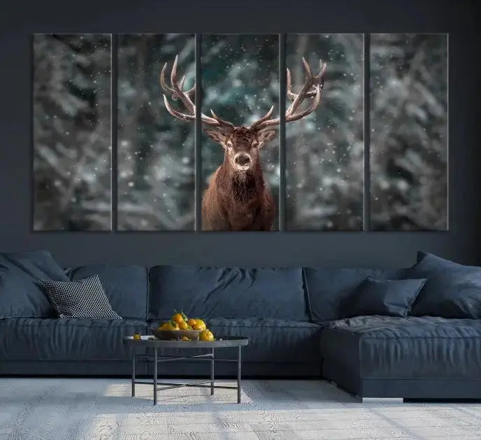 The Wall Art Deer Art Animal Canvas Print, a triptych piece featuring a deer in a snowy forest, is printed on museum-quality canvas with UV-protective coating and comes ready to hang.