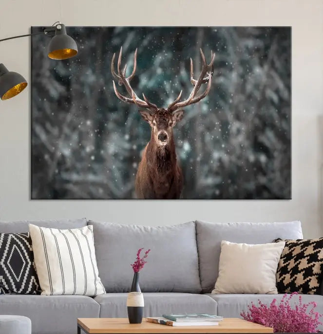 The Wall Art Deer Art Animal Canvas Print, a triptych piece featuring a deer in a snowy forest, is printed on museum-quality canvas with UV-protective coating and comes ready to hang.