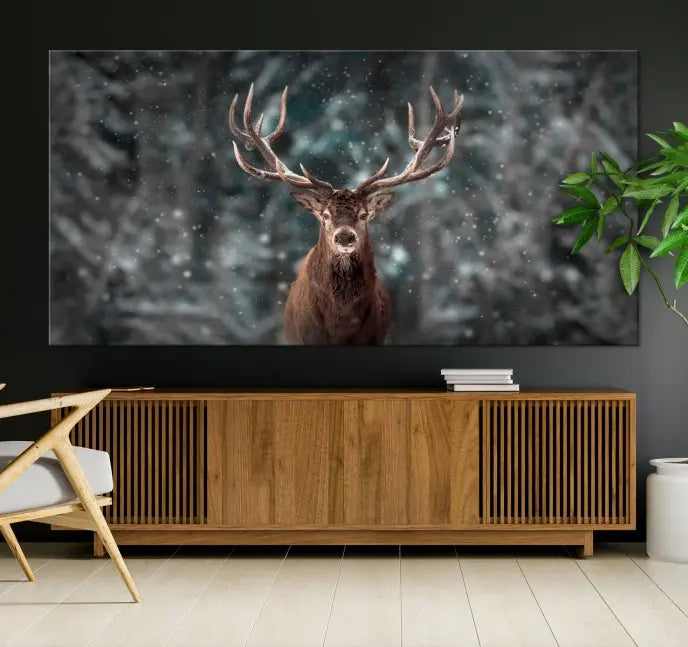 The Wall Art Deer Art Animal Canvas Print, a triptych piece featuring a deer in a snowy forest, is printed on museum-quality canvas with UV-protective coating and comes ready to hang.