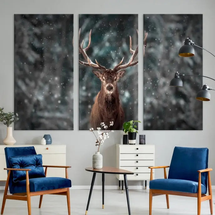 The Wall Art Deer Art Animal Canvas Print, a triptych piece featuring a deer in a snowy forest, is printed on museum-quality canvas with UV-protective coating and comes ready to hang.