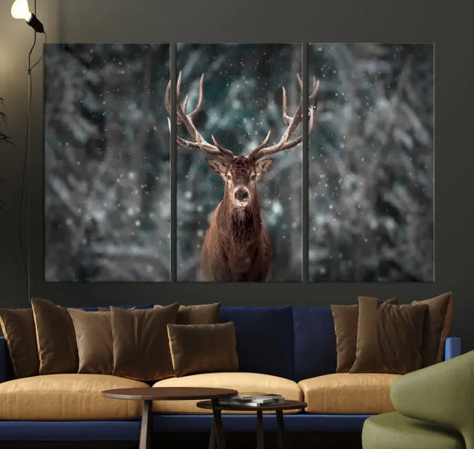 The Wall Art Deer Art Animal Canvas Print, a triptych piece featuring a deer in a snowy forest, is printed on museum-quality canvas with UV-protective coating and comes ready to hang.