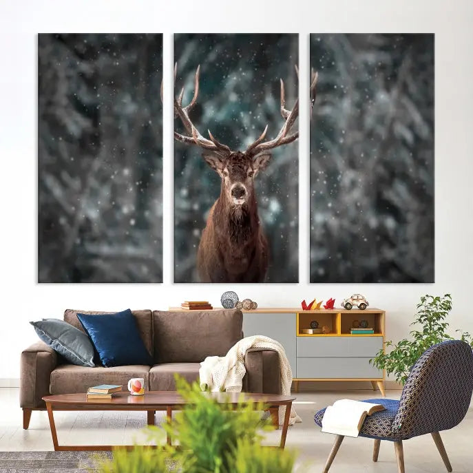 The Wall Art Deer Art Animal Canvas Print, a triptych piece featuring a deer in a snowy forest, is printed on museum-quality canvas with UV-protective coating and comes ready to hang.