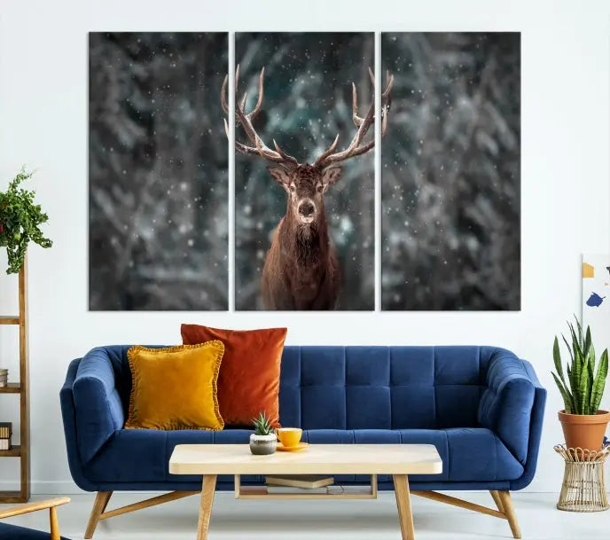 The Wall Art Deer Art Animal Canvas Print, a triptych piece featuring a deer in a snowy forest, is printed on museum-quality canvas with UV-protective coating and comes ready to hang.