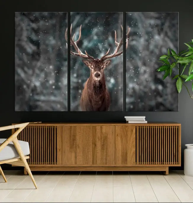 The Wall Art Deer Art Animal Canvas Print, a triptych piece featuring a deer in a snowy forest, is printed on museum-quality canvas with UV-protective coating and comes ready to hang.