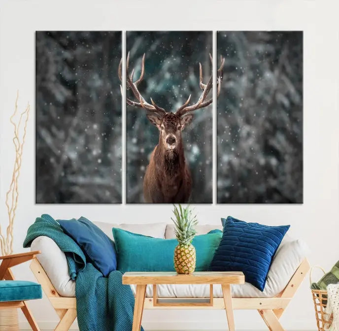 The Wall Art Deer Art Animal Canvas Print, a triptych piece featuring a deer in a snowy forest, is printed on museum-quality canvas with UV-protective coating and comes ready to hang.