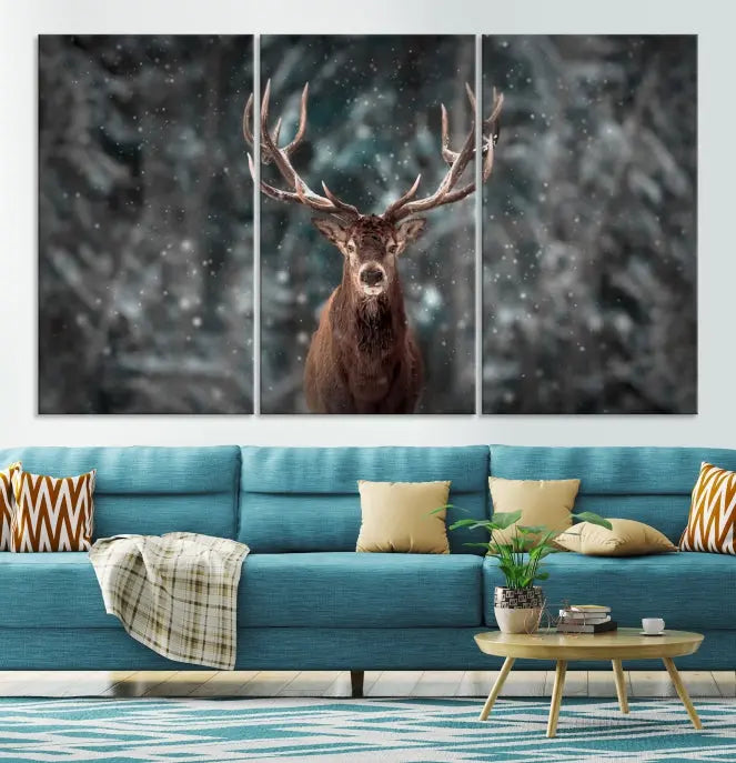 The Wall Art Deer Art Animal Canvas Print, a triptych piece featuring a deer in a snowy forest, is printed on museum-quality canvas with UV-protective coating and comes ready to hang.