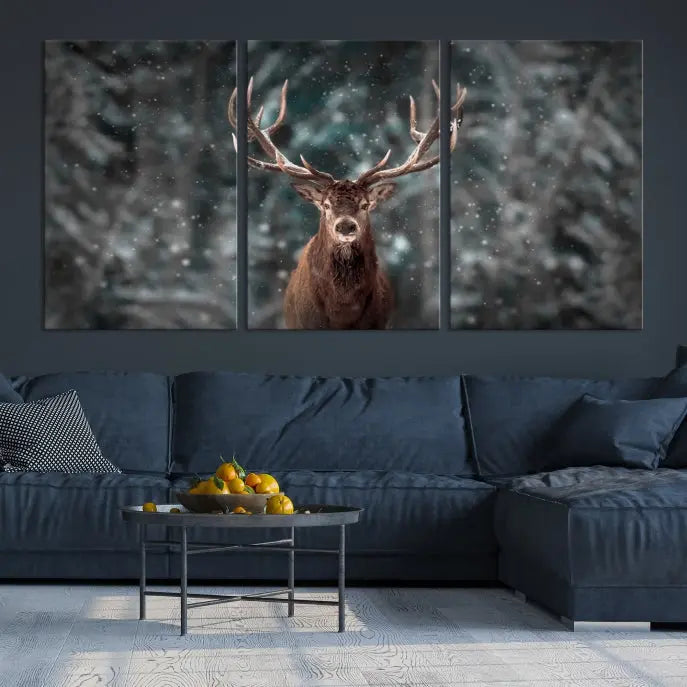 The Wall Art Deer Art Animal Canvas Print, a triptych piece featuring a deer in a snowy forest, is printed on museum-quality canvas with UV-protective coating and comes ready to hang.