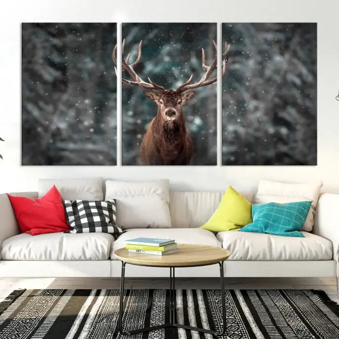 The Wall Art Deer Art Animal Canvas Print, a triptych piece featuring a deer in a snowy forest, is printed on museum-quality canvas with UV-protective coating and comes ready to hang.