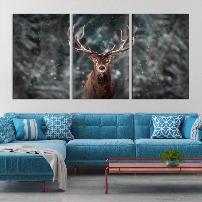 The Wall Art Deer Art Animal Canvas Print, a triptych piece featuring a deer in a snowy forest, is printed on museum-quality canvas with UV-protective coating and comes ready to hang.