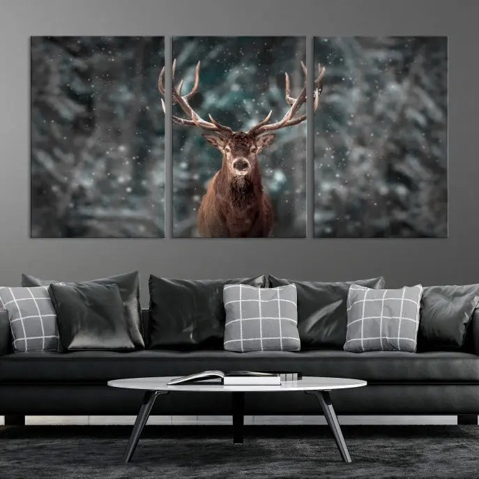 The Wall Art Deer Art Animal Canvas Print, a triptych piece featuring a deer in a snowy forest, is printed on museum-quality canvas with UV-protective coating and comes ready to hang.