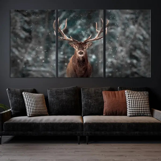 The Wall Art Deer Art Animal Canvas Print, a triptych piece featuring a deer in a snowy forest, is printed on museum-quality canvas with UV-protective coating and comes ready to hang.