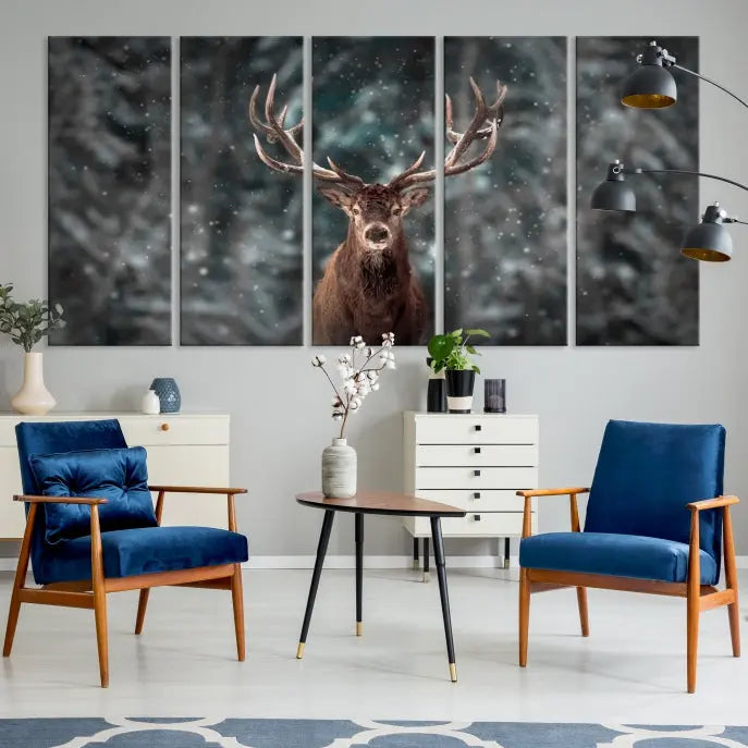 The Wall Art Deer Art Animal Canvas Print, a triptych piece featuring a deer in a snowy forest, is printed on museum-quality canvas with UV-protective coating and comes ready to hang.