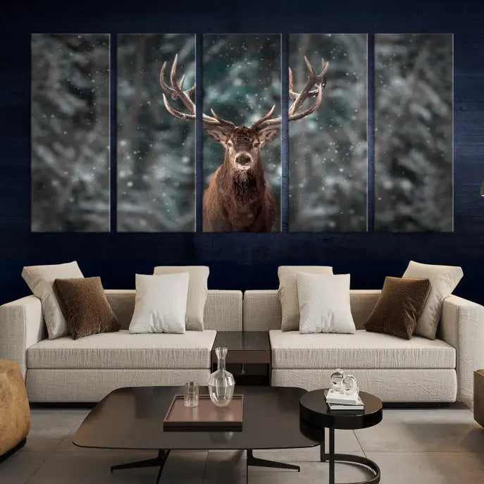 The Wall Art Deer Art Animal Canvas Print, a triptych piece featuring a deer in a snowy forest, is printed on museum-quality canvas with UV-protective coating and comes ready to hang.