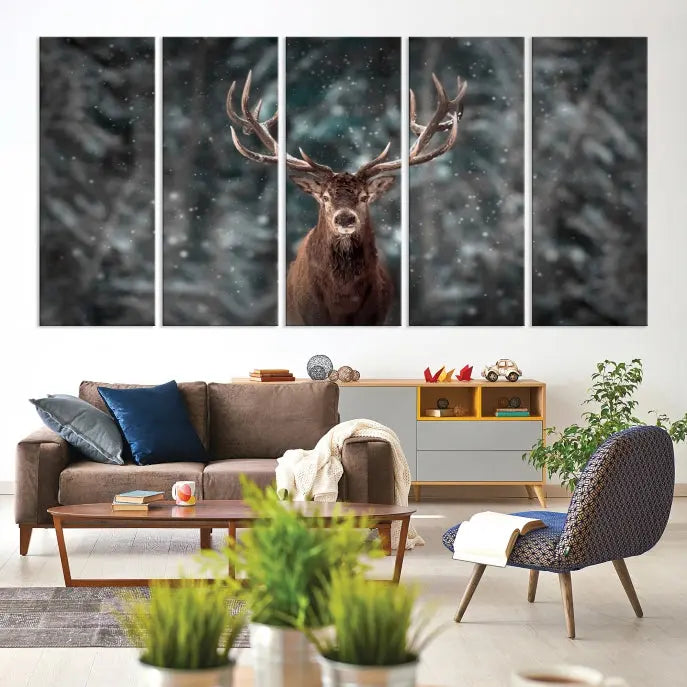 The Wall Art Deer Art Animal Canvas Print, a triptych piece featuring a deer in a snowy forest, is printed on museum-quality canvas with UV-protective coating and comes ready to hang.