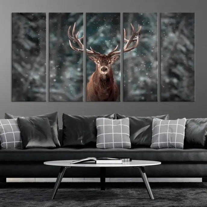 The Wall Art Deer Art Animal Canvas Print, a triptych piece featuring a deer in a snowy forest, is printed on museum-quality canvas with UV-protective coating and comes ready to hang.