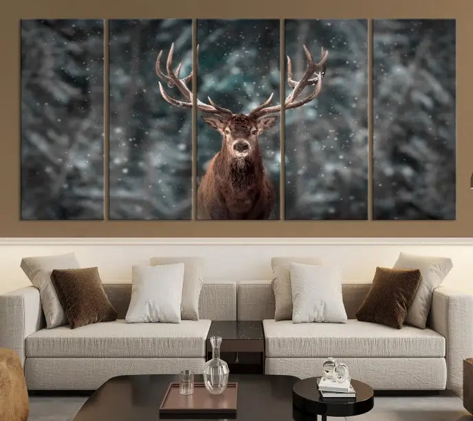 The Wall Art Deer Art Animal Canvas Print, a triptych piece featuring a deer in a snowy forest, is printed on museum-quality canvas with UV-protective coating and comes ready to hang.