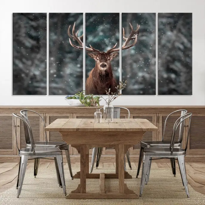 The Wall Art Deer Art Animal Canvas Print, a triptych piece featuring a deer in a snowy forest, is printed on museum-quality canvas with UV-protective coating and comes ready to hang.