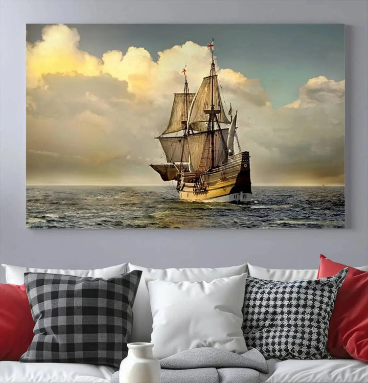 The living room features the Wall Art English War Ship Canvas Print on museum-quality canvas, showcasing a UV-protective coating to preserve its vibrant colors.