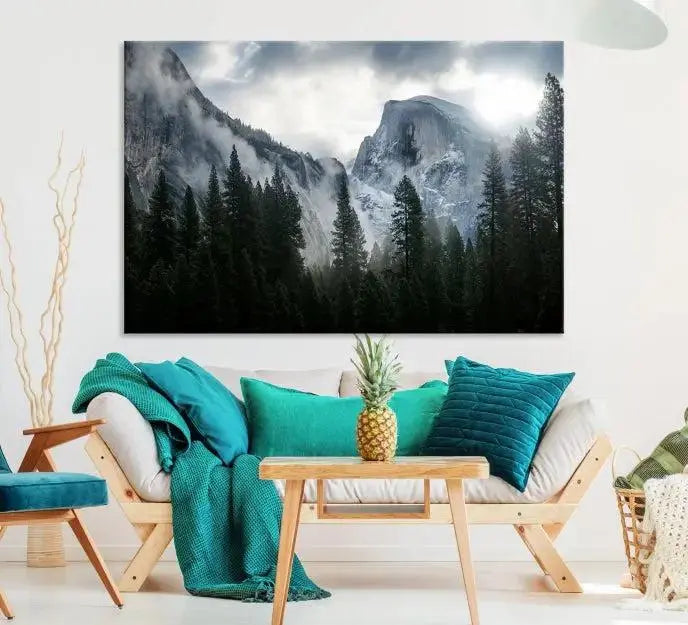 A captivating Wall Art Foggy Forest Landscape Canvas Print showcases misty mountains and pine trees. Bathed in soft light, this beautifully crafted scene on museum-quality canvas ensures a lasting impression.